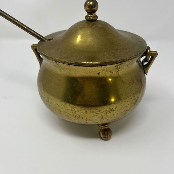 Vintage Solid Brass 3 Footed Fireplace Smudge Pot with Lid - Picture 8 of 8